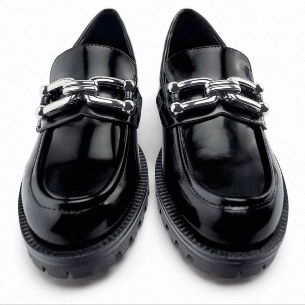 ZARA Loafers Moccasins Black Chunky Heel Lug Sole Embellished Buckle